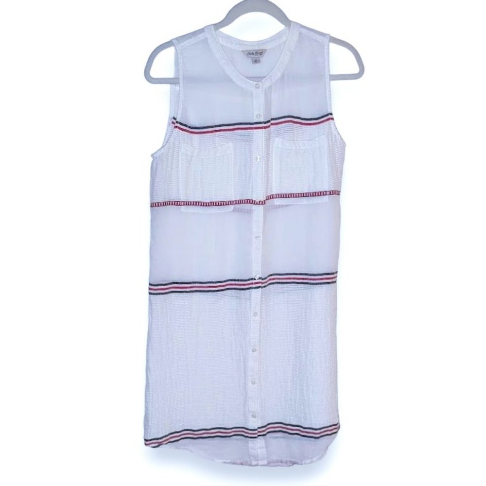 Lucky Brand Sheer White Beach Coverup Gauze Shirtdress Red Blue Tennis Stripes M